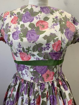 Womens, Cocktail Dress, Bonnie Blair, Off White, Lavender Purple, Rose Pink, Olive Green, Polyester, Floral, W26, B33, S/S, Crew Neck, Layered Band, Pleated, Back Zipper,