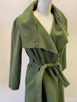 N/L, Olive Green, Wool, Solid, Felted Wool, Open Front with No Closures, Collar Flap with Exposed Silver Zipper Detail, Belt Loops, **With Matching Fabric Belt