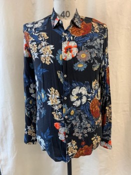 Mens, Casual Shirt, ZARA MAN, Faded Black, Gray, White, Beige, Burnt Orange, Poly/Cotton, Floral, M, Collar Attached, Button Front, Long Sleeves *Brown Stain and Stitched Up Holes