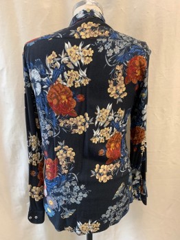 Mens, Casual Shirt, ZARA MAN, Faded Black, Gray, White, Beige, Burnt Orange, Poly/Cotton, Floral, M, Collar Attached, Button Front, Long Sleeves *Brown Stain and Stitched Up Holes