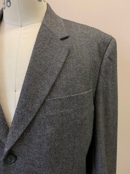 NO LABEL, Black, White, Wool, Polyester, 2 Color Weave, 3 Buttons, Single Breasted, Notched Lapel, 3 Pockets
