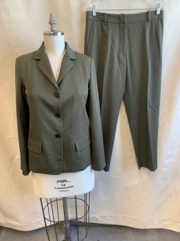 Womens, Suit, Jacket, JILL SANDER, Dk Olive Grn, Wool, Silk, B: 38, Notched Lapel, Single Breasted, Button Front, 3 Buttons, 2 Pockets