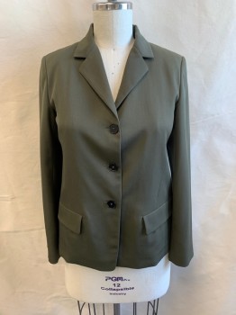 JILL SANDER, Dk Olive Grn, Wool, Silk, Notched Lapel, Single Breasted, Button Front, 3 Buttons, 2 Pockets