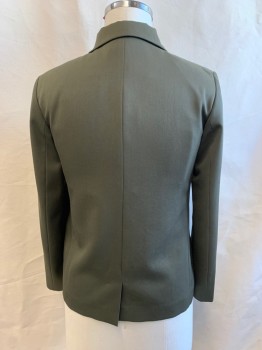 JILL SANDER, Dk Olive Grn, Wool, Silk, Notched Lapel, Single Breasted, Button Front, 3 Buttons, 2 Pockets
