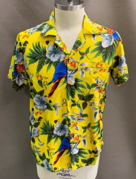 Mens, Hawaiian Shirt, V.H.O., Yellow, Blue, Green, Red, Gray, Synthetic, Hawaiian Print, XL, C.A., Button Front, S/S, 1 Pocket, Side Slits, Mults