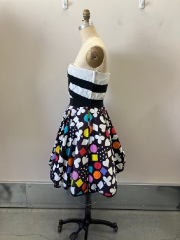 Womens, Cocktail Dress, VICTOR COSTA, White, Black, Multi-color, Acetate, Cotton, Geometric, Color Blocking, W28, B36, Strapless, Size Zip, Faille Textured Bodice with Grosgrain Ribbon Criss Cross Applique, Attached Grosgrain Belt, Inverted Box Pleated Circle Skirt, Fully Lined With Crinolyn