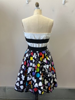 Womens, Cocktail Dress, VICTOR COSTA, White, Black, Multi-color, Acetate, Cotton, Geometric, Color Blocking, W28, B36, Strapless, Size Zip, Faille Textured Bodice with Grosgrain Ribbon Criss Cross Applique, Attached Grosgrain Belt, Inverted Box Pleated Circle Skirt, Fully Lined With Crinolyn