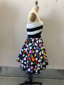 VICTOR COSTA, White, Black, Multi-color, Acetate, Cotton, Geometric, Color Blocking, Strapless, Size Zip, Faille Textured Bodice with Grosgrain Ribbon Criss Cross Applique, Attached Grosgrain Belt, Inverted Box Pleated Circle Skirt, Fully Lined With Crinolyn