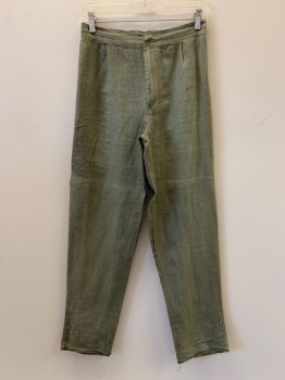 Womens, Sci-Fi/Fantasy Pants, NO LABEL, Lt Olive Grn, Linen, Solid, S, F.F, Scrunched Waist Band From Back, Zip Front,