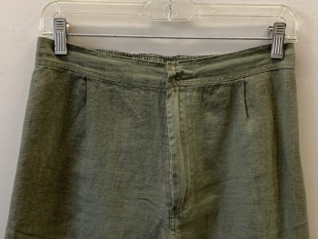 NO LABEL, Lt Olive Grn, Linen, Solid, F.F, Scrunched Waist Band From Back, Zip Front,