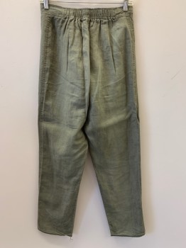 NO LABEL, Lt Olive Grn, Linen, Solid, F.F, Scrunched Waist Band From Back, Zip Front,