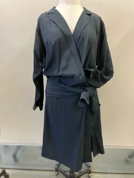 LIZ CLAIBORNE, Black Rayon, DB. Notched Lapel, Shoulder Pads, Inverted Box Pleats Front & Back From Yoke, L/S with Button CuttsDrop Waist with Attached Sash, Straight Skirt with Faux Wrap And Side Slit, Calf Length