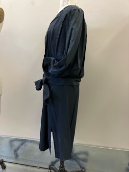LIZ CLAIBORNE, Black Rayon, DB. Notched Lapel, Shoulder Pads, Inverted Box Pleats Front & Back From Yoke, L/S with Button CuttsDrop Waist with Attached Sash, Straight Skirt with Faux Wrap And Side Slit, Calf Length