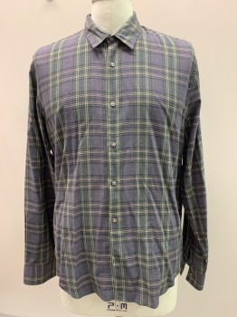 JOHN VARVATOS, Purple, Olive Green, Off White, Cotton, Wool, Plaid, L/S, Button Front, Collar Attached