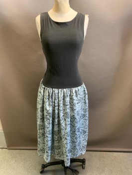 ZAPA PARIS, Black, Polyester, A-Line, Solid Bodice, Drop Waist, Sage Green & Black All Over Pattern Skirt, Scoop Neck, Criss Cross Back, *Hold on Right Shoulder