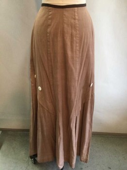 N/L, Lt Brown, Brown, Cream, Cotton, Solid, with 1/2" Wide Brown Faille Waistband, Cream Decorative Buttons Along Each Side Of Front with Diagonal/Chevron Tucks, with Pleats Fanning Out Under Them, Hook & Eye Closures, Made To Order  **Some Buttons Are Cracked Or Missing  *** Mended In Several Spots,