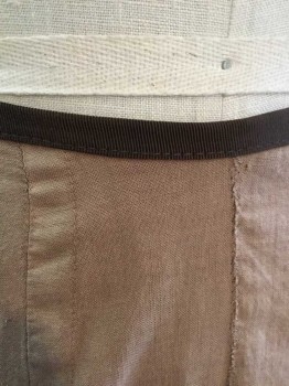 N/L, Lt Brown, Brown, Cream, Cotton, Solid, with 1/2" Wide Brown Faille Waistband, Cream Decorative Buttons Along Each Side Of Front with Diagonal/Chevron Tucks, with Pleats Fanning Out Under Them, Hook & Eye Closures, Made To Order  **Some Buttons Are Cracked Or Missing  *** Mended In Several Spots,