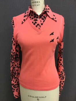 100% ACRYLIC, Salmon Pink, Black, Acrylic, Animal Print, Solid, Faux Vest Solid Pink, Black Birds Embroidery, Long Sleeves, Collar Attached, Pullover, Black/Salmon  Bird Print, 2 Buttons On Sleeve Cuffs