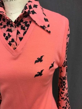 100% ACRYLIC, Salmon Pink, Black, Acrylic, Animal Print, Solid, Faux Vest Solid Pink, Black Birds Embroidery, Long Sleeves, Collar Attached, Pullover, Black/Salmon  Bird Print, 2 Buttons On Sleeve Cuffs