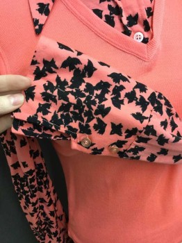 Womens, Blouse, 100% ACRYLIC, Salmon Pink, Black, Acrylic, Animal Print, Solid, XL, Faux Vest Solid Pink, Black Birds Embroidery, Long Sleeves, Collar Attached, Pullover, Black/Salmon  Bird Print, 2 Buttons On Sleeve Cuffs