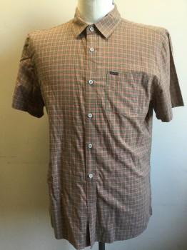 VOLCOM, Lt Olive Grn, Salmon Pink, Gray, Cotton, Plaid, Collar Attached, Button Front, 1 Pocket, Short Sleeves,