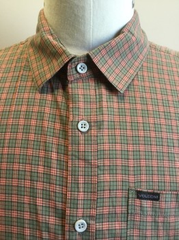 VOLCOM, Lt Olive Grn, Salmon Pink, Gray, Cotton, Plaid, Collar Attached, Button Front, 1 Pocket, Short Sleeves,