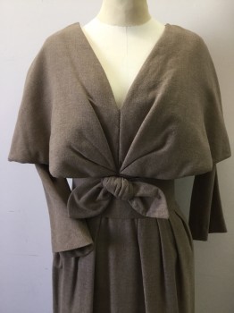 SUZY PERETTE, Lt Brown, Wool, Nylon, Heathered, V.neck Front with Fitted Waist with Faux Caplet Front Attached at Center Front, Long Sleeves, Skirt Pleated to Waist. Zipper at Center Back, with Matching Shaped Belt with Bow Detail in Self. Buckle Closure at Center Back,