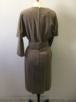 SUZY PERETTE, Lt Brown, Wool, Nylon, Heathered, V.neck Front with Fitted Waist with Faux Caplet Front Attached at Center Front, Long Sleeves, Skirt Pleated to Waist. Zipper at Center Back, with Matching Shaped Belt with Bow Detail in Self. Buckle Closure at Center Back,
