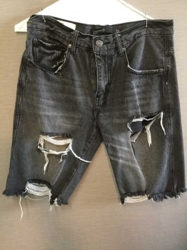 Mens, Shorts, EST: NINETEEN, Faded Black, Cotton, Lycra, Heathered, 30, SHORTS:  Aged/Distressed,  Faded Black Denim Jeans, Ripped Front Legs, Frayed Hem, See Photo Attached,