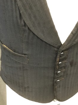 SCOTT & CO., Black, Silk, Stripes, Self Textured Stripe, Shawl Lapel, Button Front, 2 Pockets, *Distressed: fabric Starting to Disintegrate at Button Front*,