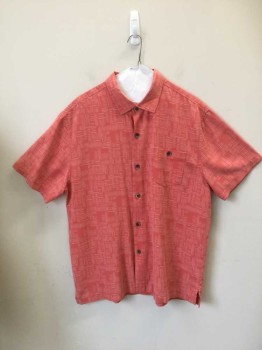 TOMMY BAHAMA, Coral Orange, Pink, Silk, Novelty Pattern, Short Sleeves, Button Front, Collar Attached, 1 Buttoned Pocket