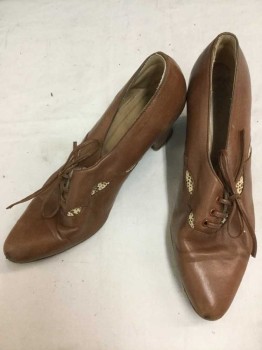 Womens, Shoes, N/L, Tobacco Brown, Tan Brown, Black, Leather, Solid, 6.5, Tobacco Closed Toe Heel Lace Up with Tan/Black Snakeskin Cutouts