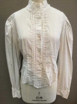 N/L, White, Black, Gray, Cotton, Stripes - Pin, Long Sleeve Button Front, Stand Collar, Pleated Detail At Center Front Button Placket, White Lace Trim At Neck & Cuffs, Pleated Bustle Detail At Center Back Hem, Made To Order,
