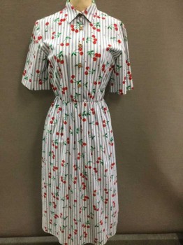 PETRINA, Lt Blue, White, Red, Green, Cotton, Stripes - Vertical , Novelty Pattern, Red + Green Cherries And Small Hearts Pattern, Short Sleeve,  Light Brown Wood Buttons, Elastic Waist, Collar Attached, Hem Below Knee,