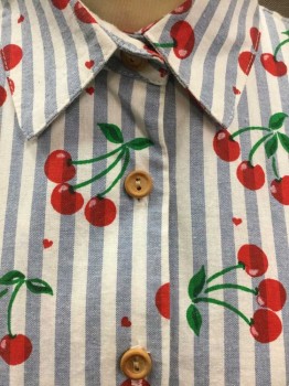 PETRINA, Lt Blue, White, Red, Green, Cotton, Stripes - Vertical , Novelty Pattern, Red + Green Cherries And Small Hearts Pattern, Short Sleeve,  Light Brown Wood Buttons, Elastic Waist, Collar Attached, Hem Below Knee,