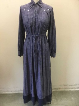N/L, Royal Blue, White, Cotton, Grid , Royal Blue with White Grid Pattern, L/S, C.A., Hidden Snap Closures at Center Front, Vertical Pleats at Shoulders with Decorative White Buttons, Self Belt Attached at Center Back Waist, Floor Length Hem with 6" Long Solid Navy Band at Hem, Made To Order