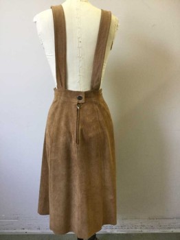 Womens, Jumper, OPERA, Caramel Brown, Suede, Solid, W:26, Overall Style Top with 1.5" Wide Straps, Brown Button Closures, A-Line Skirt, Patch Pocket with 2 Compartments at Chest, 2 Patch Pockets at Hips, Hem Below Knee, Center Back Zipper,