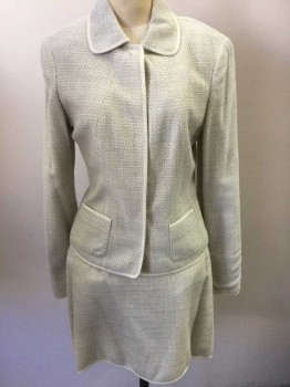 Womens, Suit, Jacket, ELIE TAHARI, White, Lt Gray, Gray, Wool, Cotton, Speckled, 8, White with Gray and Light Gray Woven, Round Collar with White Grosgrain Trim, 6 Snap Closures, 2 Pockets, Cream Lining