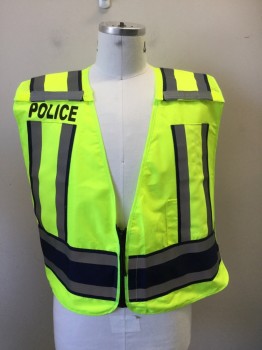 Unisex, Fire/Police, Safety Vest, PREMIER MANUFACTURIN, Neon Yellow, Black, Silver, Polyester, Color Blocking, O/S, Neon Yellow with Black/Silver Reflective Tape, Mesh Back, Velcro at Shoulders and Sides, Zip Front, POLICE on Right Shoulder and Rear Reflective Tape