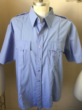 LIBERTY, Lt Blue, Polyester, Solid, Short Sleeves, Button Front, 2 Pockets, Collar Attached, Epaulets,