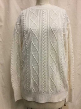 NL, Ivory White, Cashmere, Synthetic, Ivory, Diamond & Cable Knit, Crew Neck, Long Sleeves,