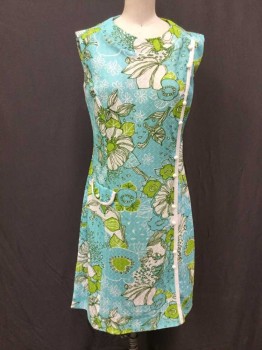 N/L, Aqua Blue, Lime Green, White, Green, Polyester, Floral, Sleeveless, Round Neck,  White Stripe At Side W/White Covered Buttons, 1 Faux Pocket Flap W/White Trim + White Covered Button At Hip, Hem Below Knee, Late 1960's