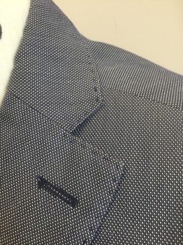 Mens, Sportcoat/Blazer, ZARA, Slate Gray, White, Cotton, Polyester, Birds Eye Weave, 38, Slate Bluish Gray with White Birdseye Weave, Single Breasted, Notched Lapel, 2 Buttons,  4 Pockets, Welt Pocket at Chest Has Faux White Pocket Square Detail, Lining is Gray with Dark Gray Squares/Diamonds Pattern