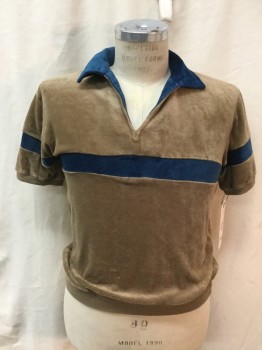 Mens, Polo Shirt, LANDMARK, Lt Brown, Teal Blue, Polyester, Stripes - Horizontal , M, Pullover, Chest and Sleeve Band, Contrasting Collar and V-neck Trim, Short Sleeves, Velour