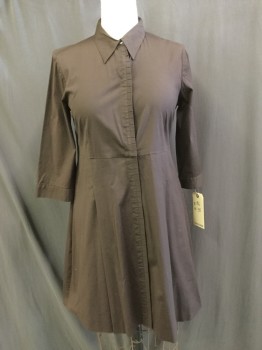 TORY BURCH, Chocolate Brown, Cotton, Elastane, Solid, Button Front, Long Sleeves, Collar Attached, Shirt Dress, Concealed Button Placket with Pleated Ruffle Detail, Pleated Skirt