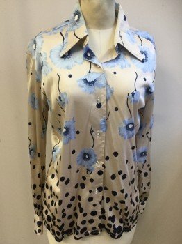 Womens, Shirt, CUSTOM SHOP, Beige, Lt Blue, Navy Blue, Nylon, Floral, Polka Dots, B36, Button Front, Long Sleeves, Collar Attached, Knit, Falling Poppy Flowers Into Falling Polka Dots