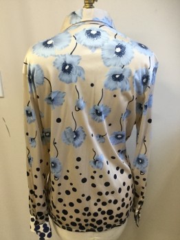Womens, Shirt, CUSTOM SHOP, Beige, Lt Blue, Navy Blue, Nylon, Floral, Polka Dots, B36, Button Front, Long Sleeves, Collar Attached, Knit, Falling Poppy Flowers Into Falling Polka Dots