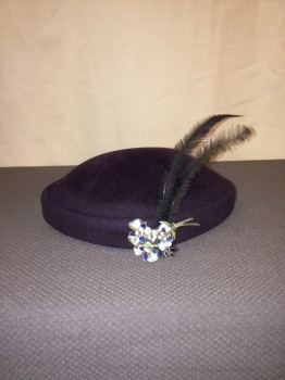 Womens, Hat, VELOUR, Plum Purple, Solid, Plum Velvet, Blue/gold Floral Broch with 2 Black Feathers,