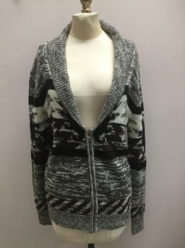 LOVE MADLY, Gray, White, Black, Brown, Wool, Synthetic, Mottled, Black Stripes with Geometric Stripe, Ribbed Knit Shawl Collar/Cuff/Waistband, Zip Front