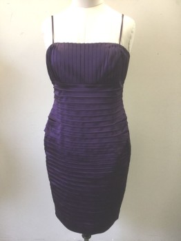 CALVIN KLEIN, Purple, Acetate, Nylon, Solid, Pleated Satin, Strapless with Detachable Spaghetti Straps, Vertical Pleats on Bust and Horizontal Pleats From Waist to Hem, Form Fitting, Knee Length